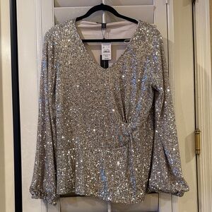 Cable & Gauge Silver Sequin V-Neck Blouse